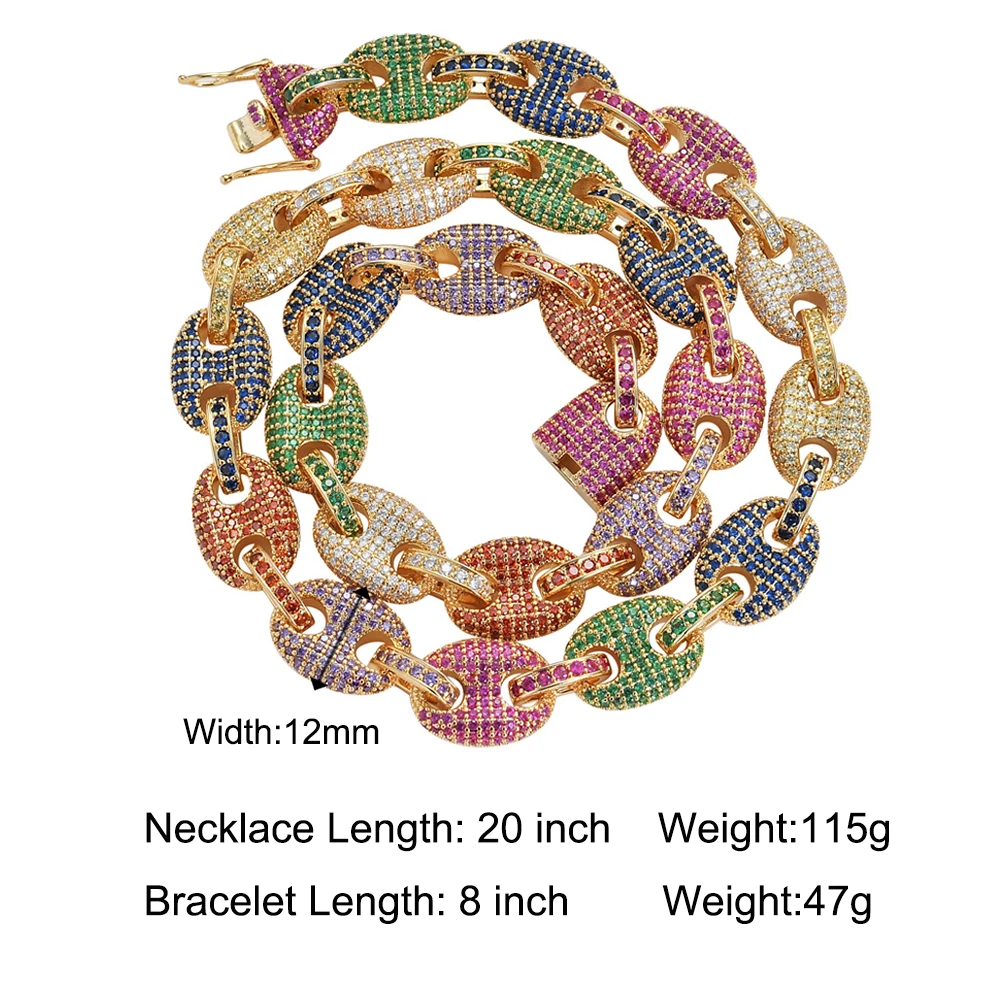 

12MM Color Coffee Beans Chain Pig Nose Choker Link Bracelet Necklace Set AAA+ Cubic Zircon Stone Necklaces For Men Jewelry Sets