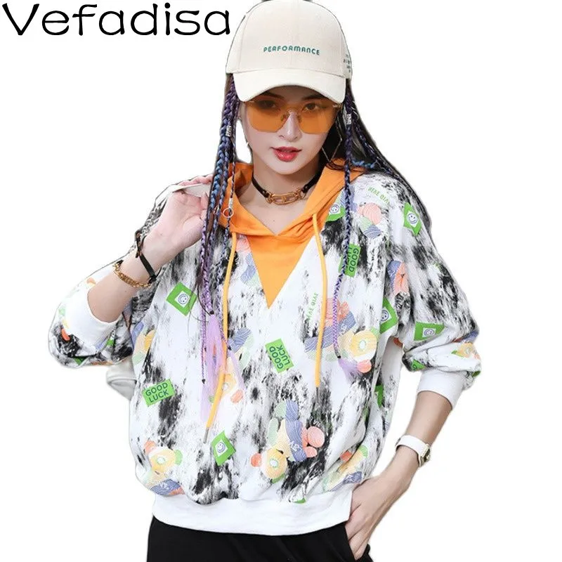 

Vefadisa Fashion Ink Print Contrast Sweatshirt Spring 2022 New Loose Hooded Short Sweatshirt Ladies TT1023