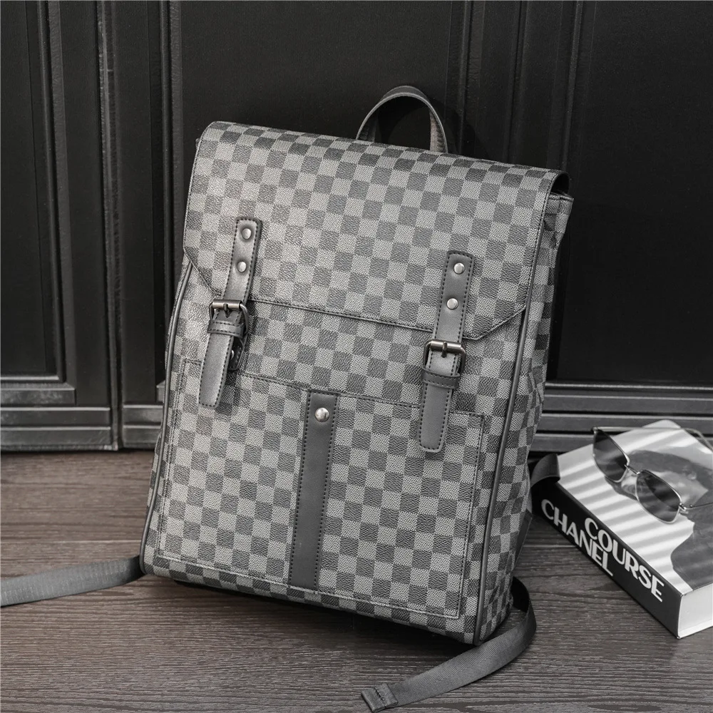 

New Fashion Luxury Design Plaid Leather Backpack for Men Large Capacity Travel Business Laptop Bags Student School Pack Daypack