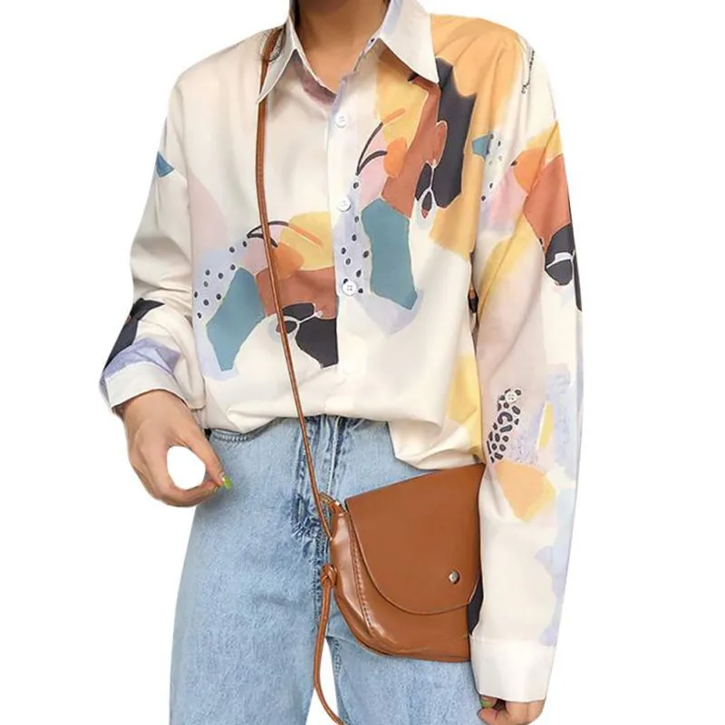 

Retro Women's Buttoned Long Sleeve Blouse Lapel Collar Shirts Casual Print Shirt Fashion Autumn Ladies Loose Blouses
