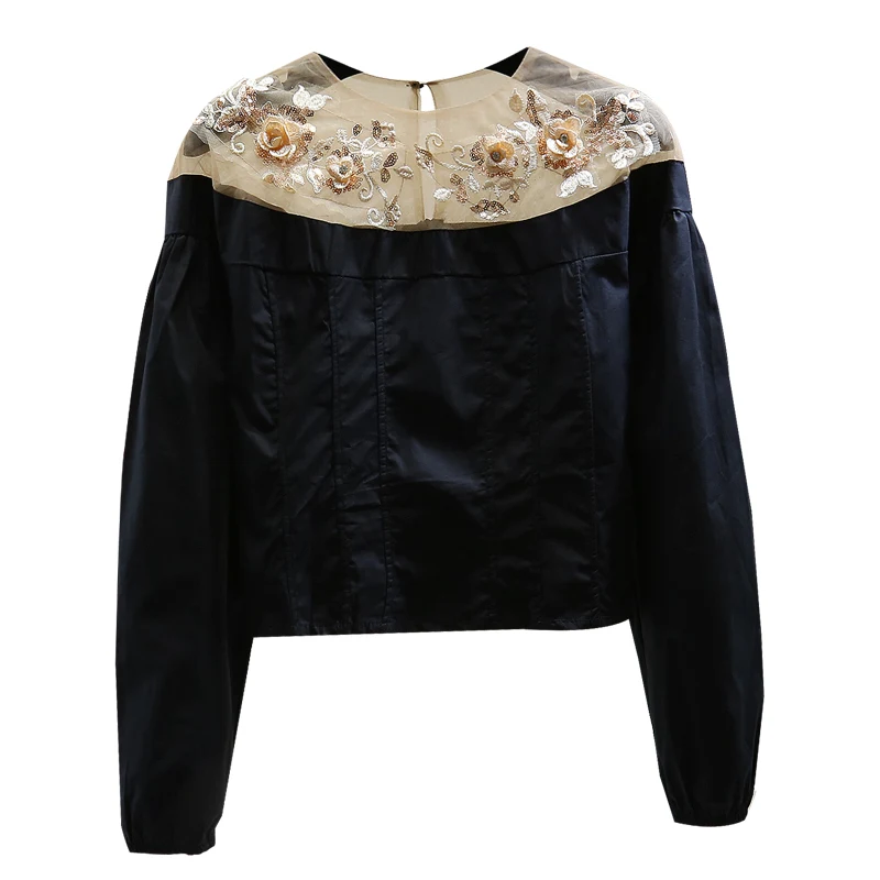 

Perspective Mesh Stitching Sequined Flower T-shirt Woman 2020 Summer Korean Style Slim Temperament Flower Embroidery Tshirts Top