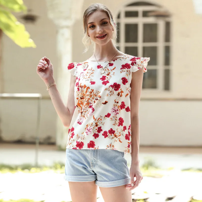 

Women T-Shirt Slim Printed Crew Neck Cap Sleeves Fungus Floral Pattern Summer Female Commute Tops Casual Fashion 2021 New