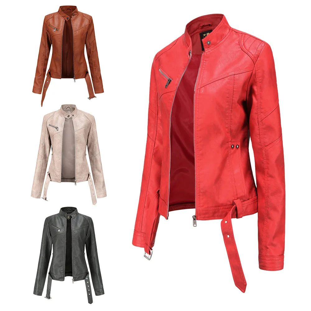 2021 new European Jacket Women's short belt women's Leather Jacket Large slim leather jacket stand collar thin style