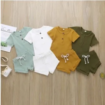 

2021 New Child Girls Boys Clothes Short Sleeve Solid Color Ribbed Top T-shirt Shorts Clothes