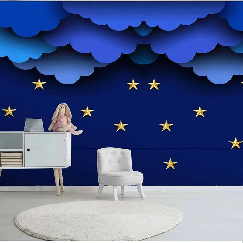 

Custom Wallpaper Blue Starry Sky Clouds Moon Children's Room Whole House Background Wall 3D Sticker Fresco Papel De Parede