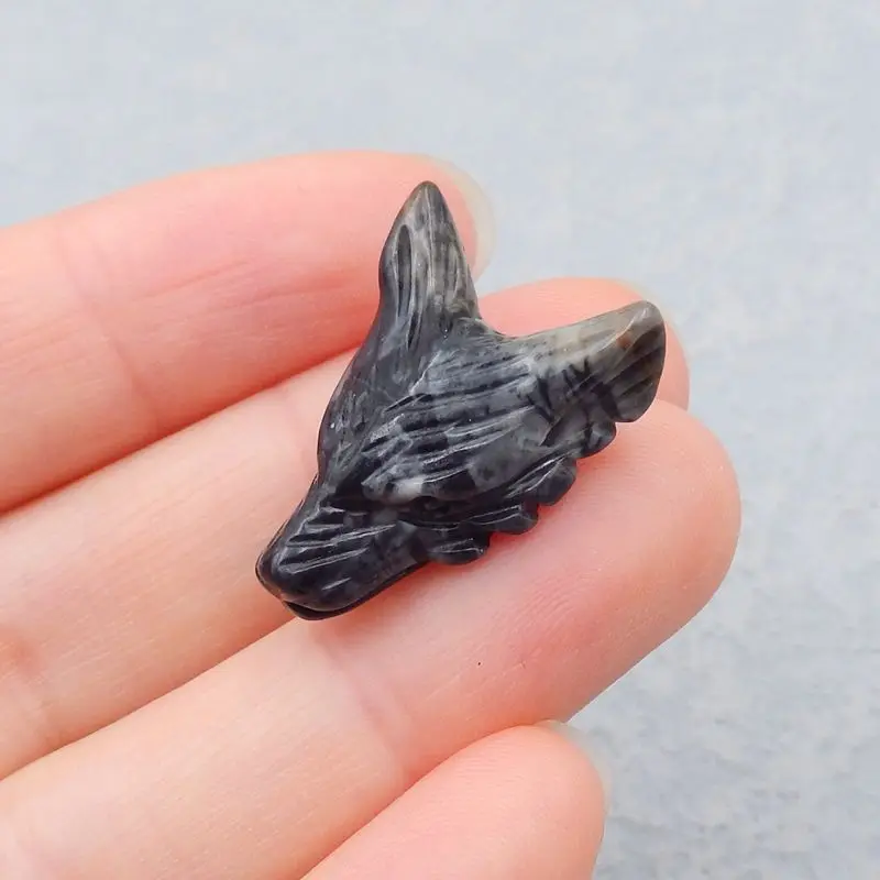 Natural Stone Picasso Jasper Handcarved Wolf Head Side Drilled Necklace Pendant Bead 24x17x9mm 3g
