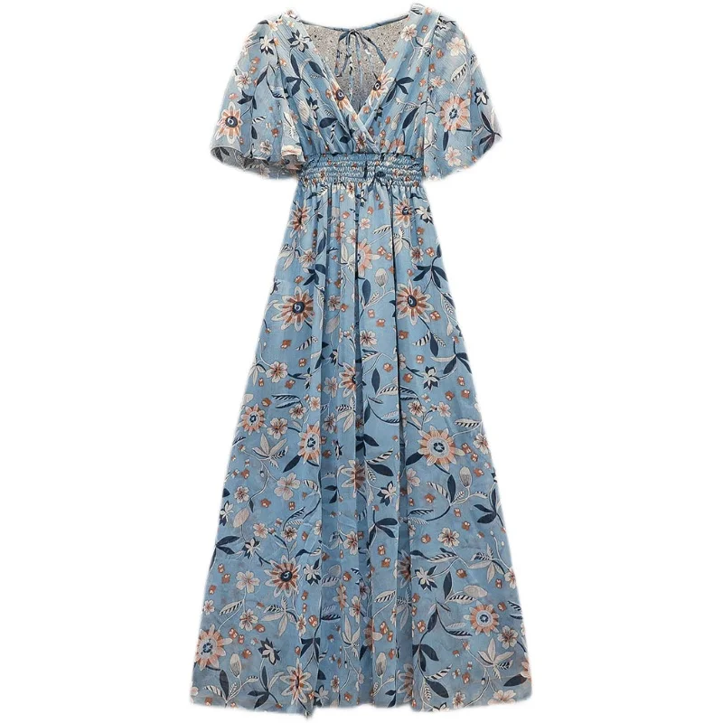 

M-4XL Summer New Women Print Chiffon Ruffles Sleeve Maxi Dress Female Sexy Backless Deep V-neck Lace-Up High Waist Party Dress