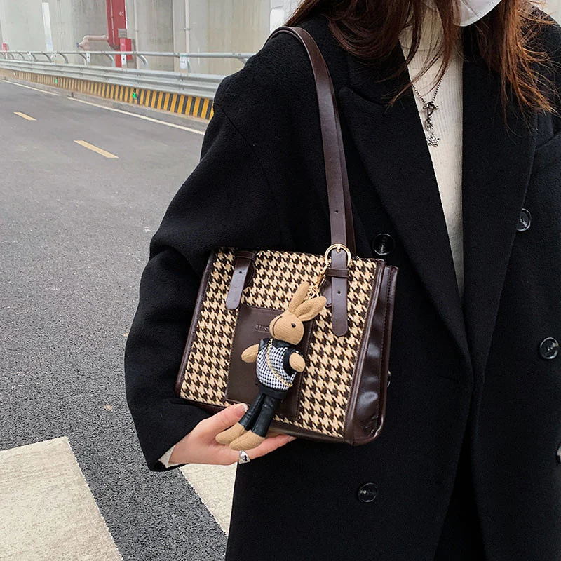 

Autumn and Winter Big Bag New Year Bag Women's Contrast Check Handbag Fashion Thousand Bird Check Shoulder Bag