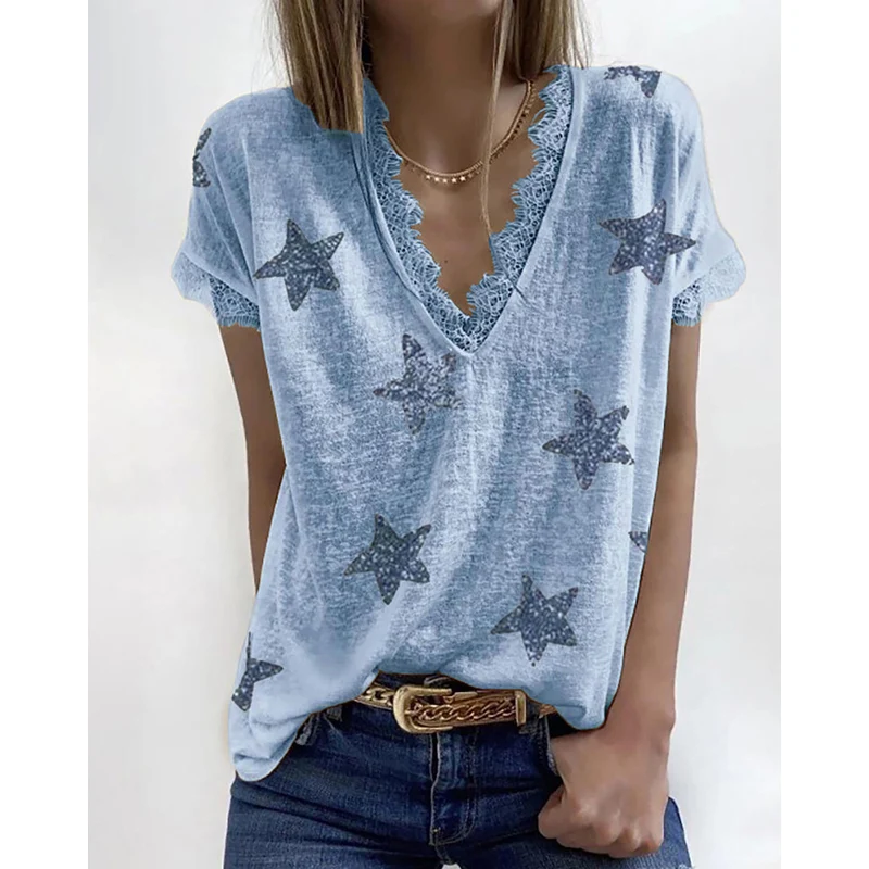 

Plus Size Summer New Fashion Women's V-Neck Star Printed Lace Oversized T-Shirt Female Casual Solid Color Pullover Crop Tops