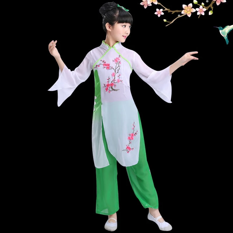 Детские Классические танцевальные костюмы Hanfu в китайском стиле для девочек, Национальный Стиль yangko, танцевальный зонтик, танцевальная оде...
