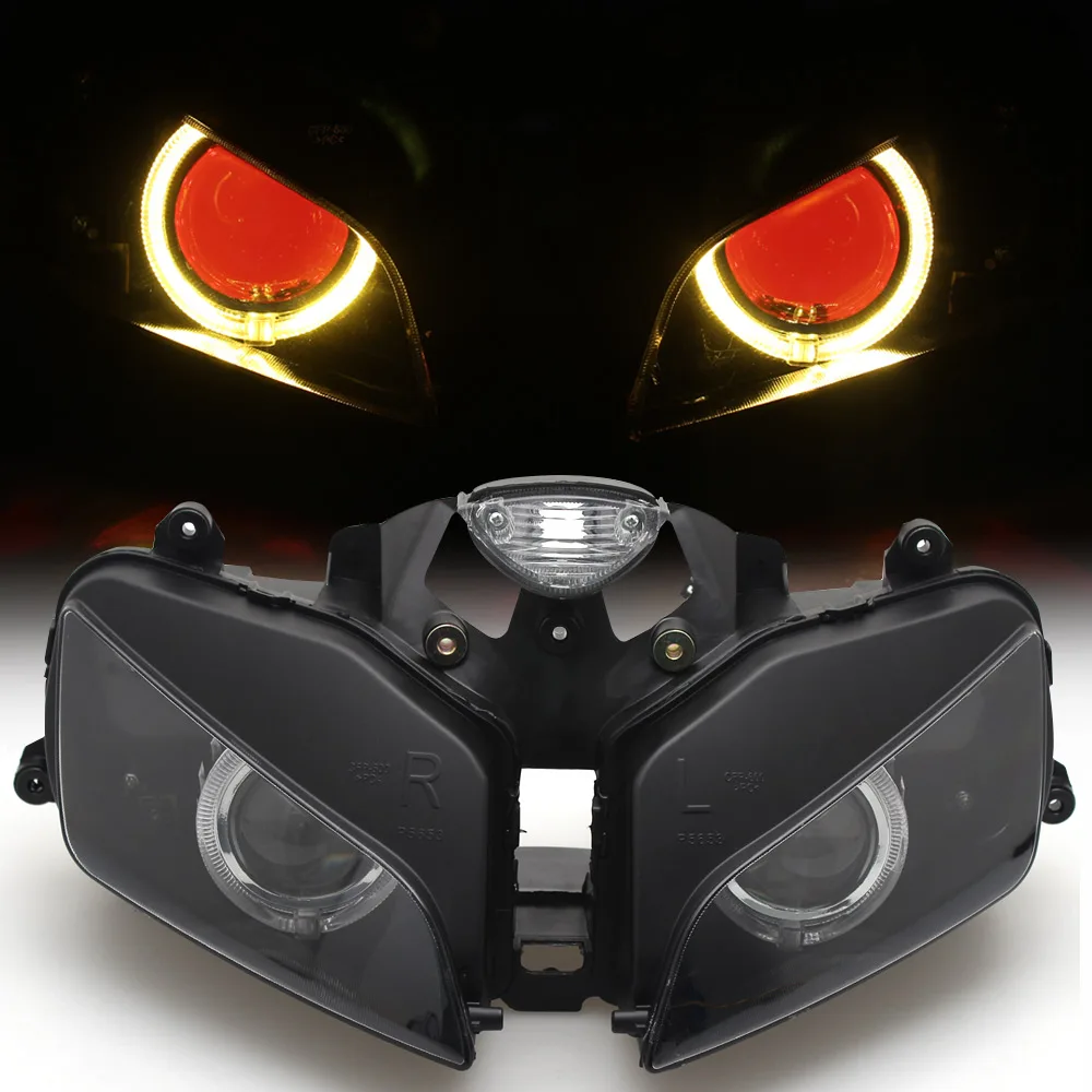 

Мотоцикл HID проектор преобразования фар в сборе w/ LED желтый ангел красный демон глаза налобный фонарь для Honda CBR600RR F5 03-06