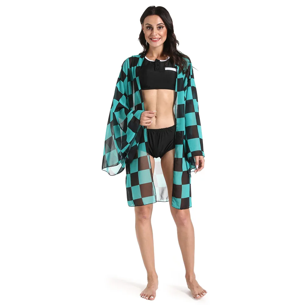 

Anime Demon Slayer Kimetsu No Yaiba Swimsuit Kamado Tanjirou Bikini Cosplay Kimono Cardigan Cloak Summer Beach Swimwear