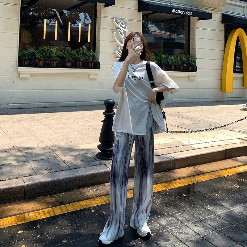 

2021 Summer Casual Women Pants Water Ripple Pleated And Halo Dyed Casual Pants Loose Thin And Drooping Wide Leg Pants For Women