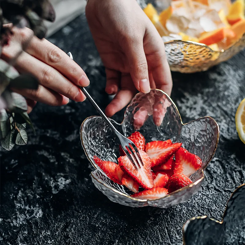 Роскошная стеклянная чаша с цветами Золотая инкрустация прозрачная серая