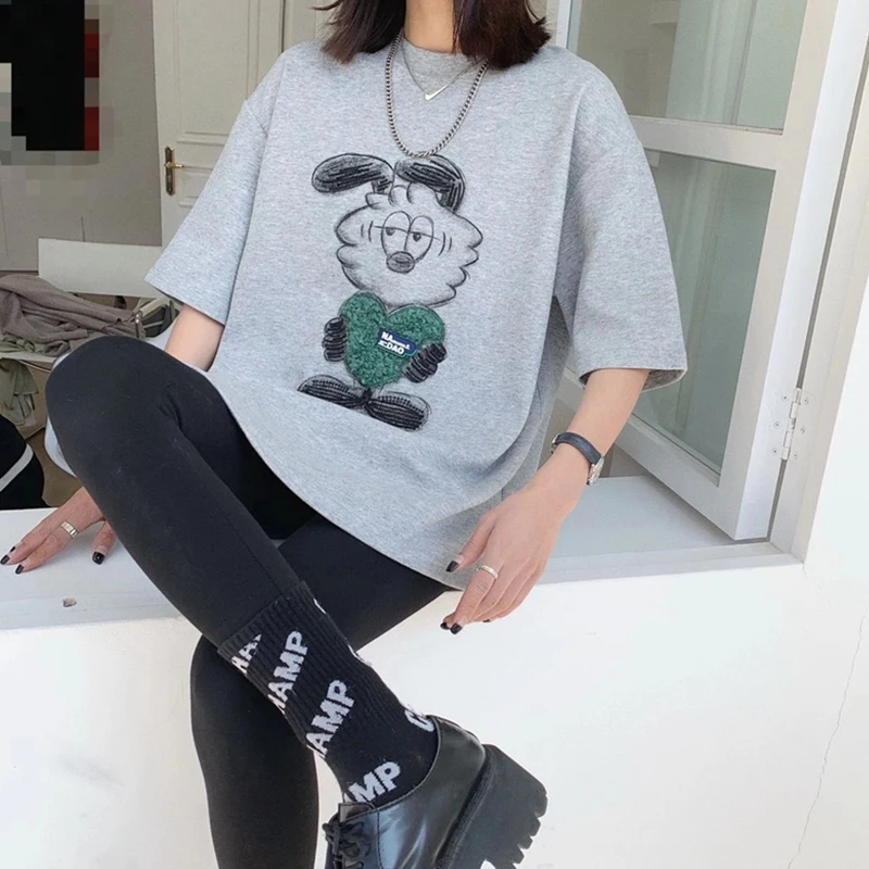 

2021Fashion Cartoons print 2021 women's cotton large size loose short-sleeved T-shirt mid-length Tops soft summer T-shirt