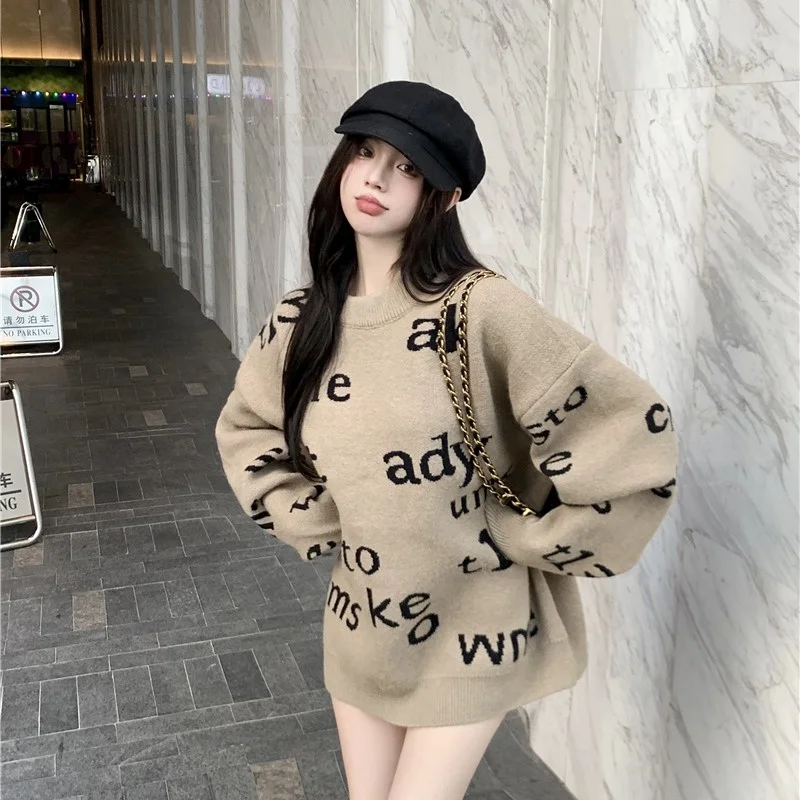 Свитер с надписью Женская свободная верхняя одежда круглым вырезом свитер