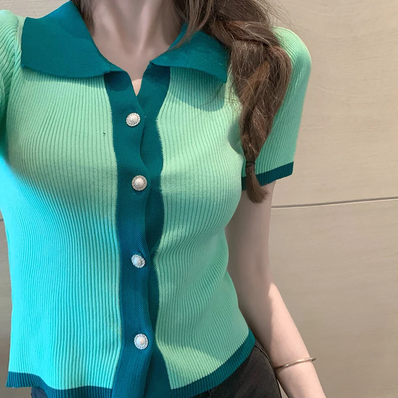 

Cardigan Knitted Stitch Black Green Summer Vintage Clothes For Women Short Sleeve T-Shirt Tops Blouses Vetement Femme 2021