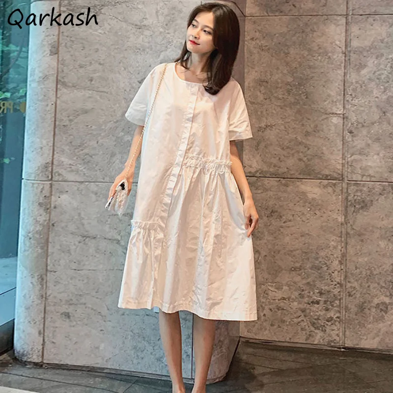 

Short Sleeve Dresses Women A-Line O-Neck Solid Summer Newest Ladies Clothing Daily Popular Trendy Simple Loose Soft Streetwear