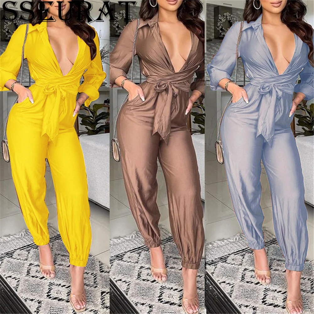 Женский Осенний комбинезон с длинным рукавом и поясом на завязках |