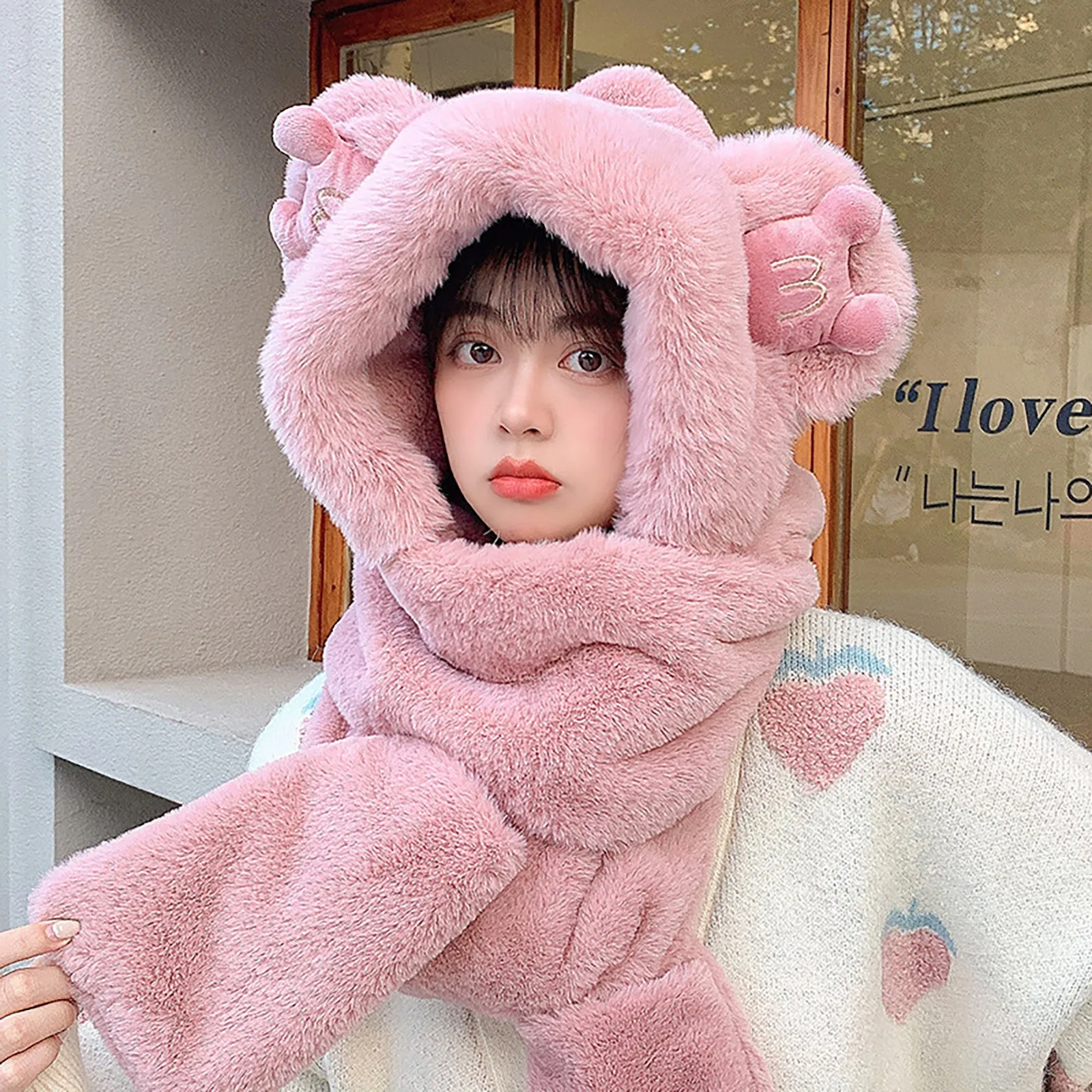 

Sweet Girls Bomber Hats With Bear Ear Scarf Autumn Winter Outwear Warm Bomber Hats For Women Girls Solid Color Bomber Hats touca