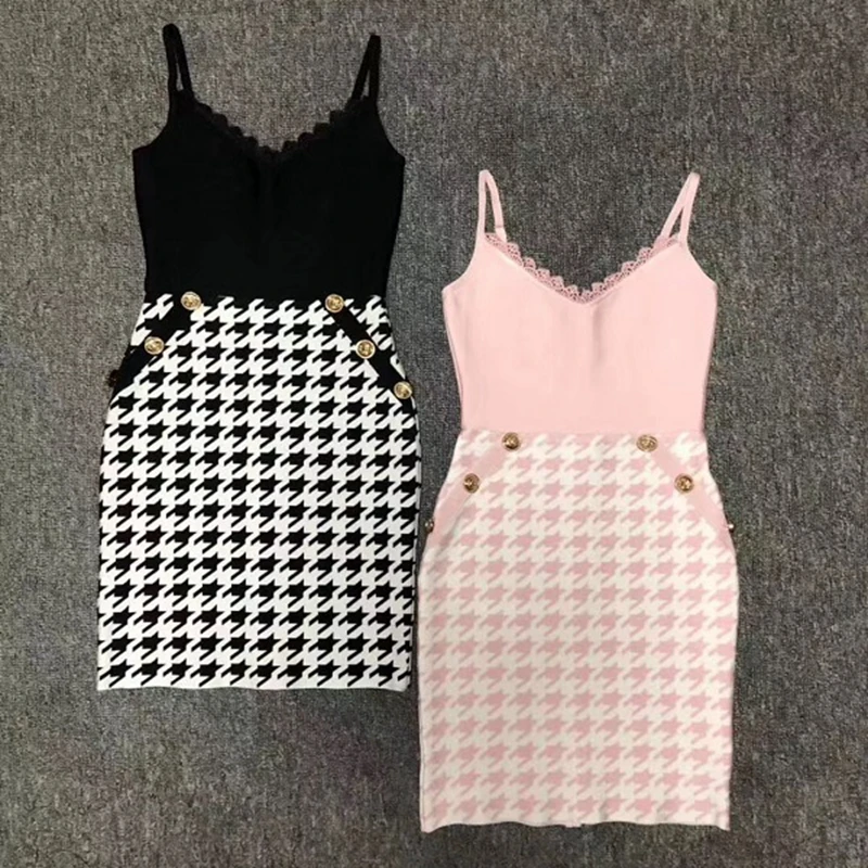 

2019 Summer sexy Bandage Dress lace with plaid spaghetti strap dresses deep v neck backless short women dresses party vestidos