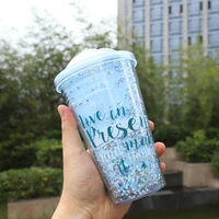 double layer star plastic cup creative sliding lid hidden straw drinking ins graffiti crushed ice drinking set bottle
