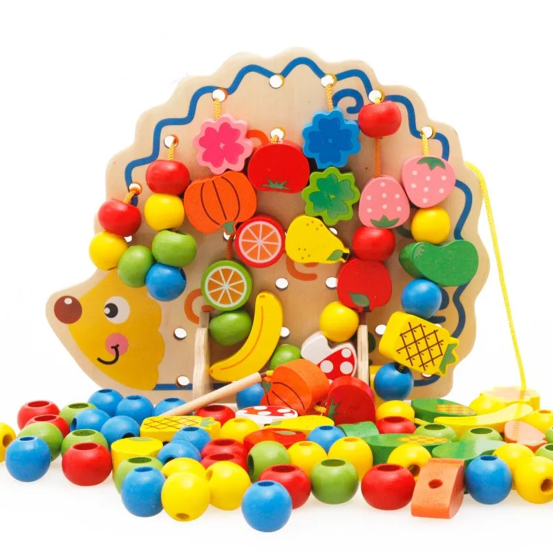 

Wooden Fruits and Vegetables Lacing & Stringing Beads Toys with Hedgehog Board for Above 3 Years Old Children
