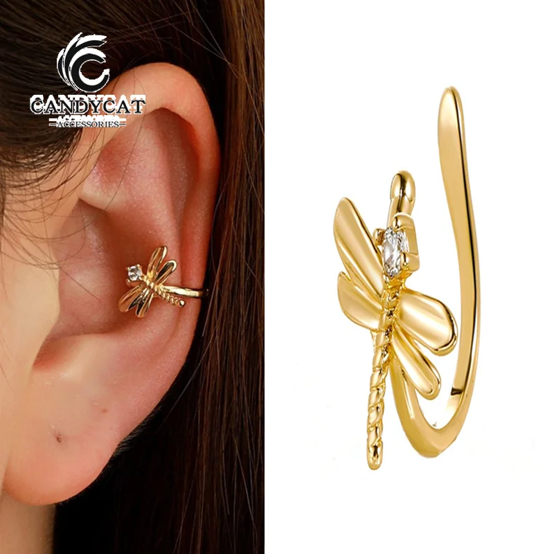 

Retro Insect Dragonfly Clip Earrings for Women Geometric U-shaped Gold Color Fake Piercing Ear Cuff Trendy Wedding Jewelry 2021