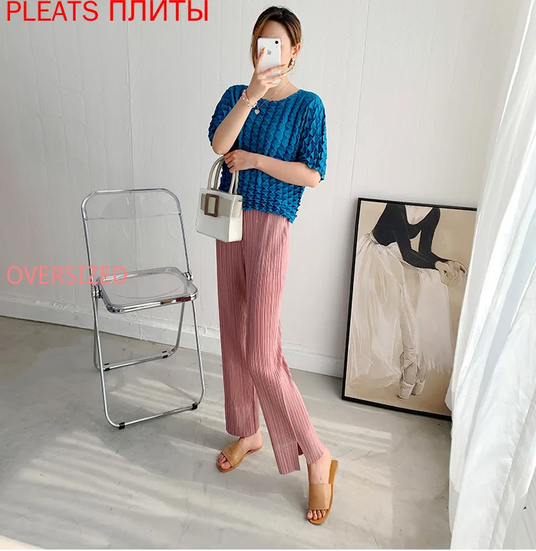 

Pink Straight Leg Pants Summer New Miyake Fold Straight Leg Pants Women Show Straight PLEATS Ropa Mujer Oggers Elegant Trousers