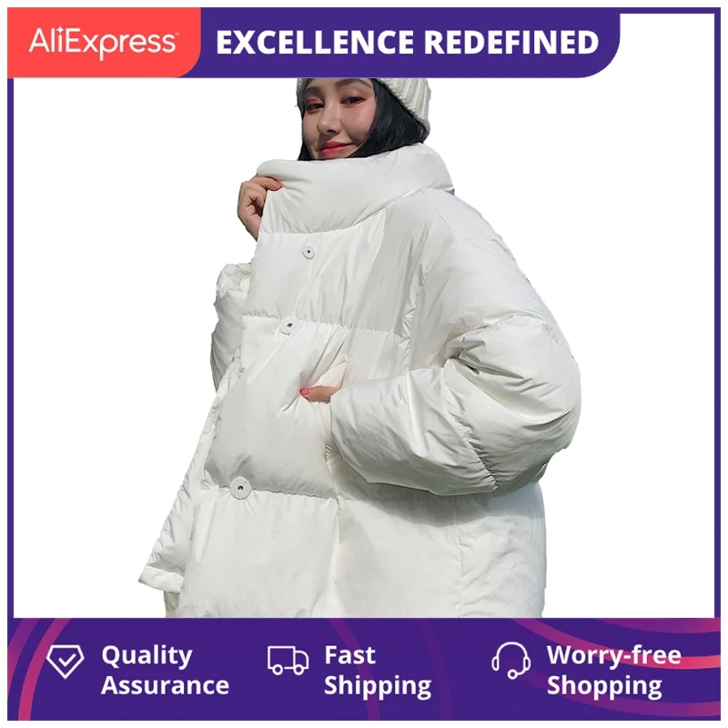 

Женская куртка-пуховик с воротником-стойкой, однотонная черная или белая свободная короткая парка большого размера в Корейском стиле, зима ...