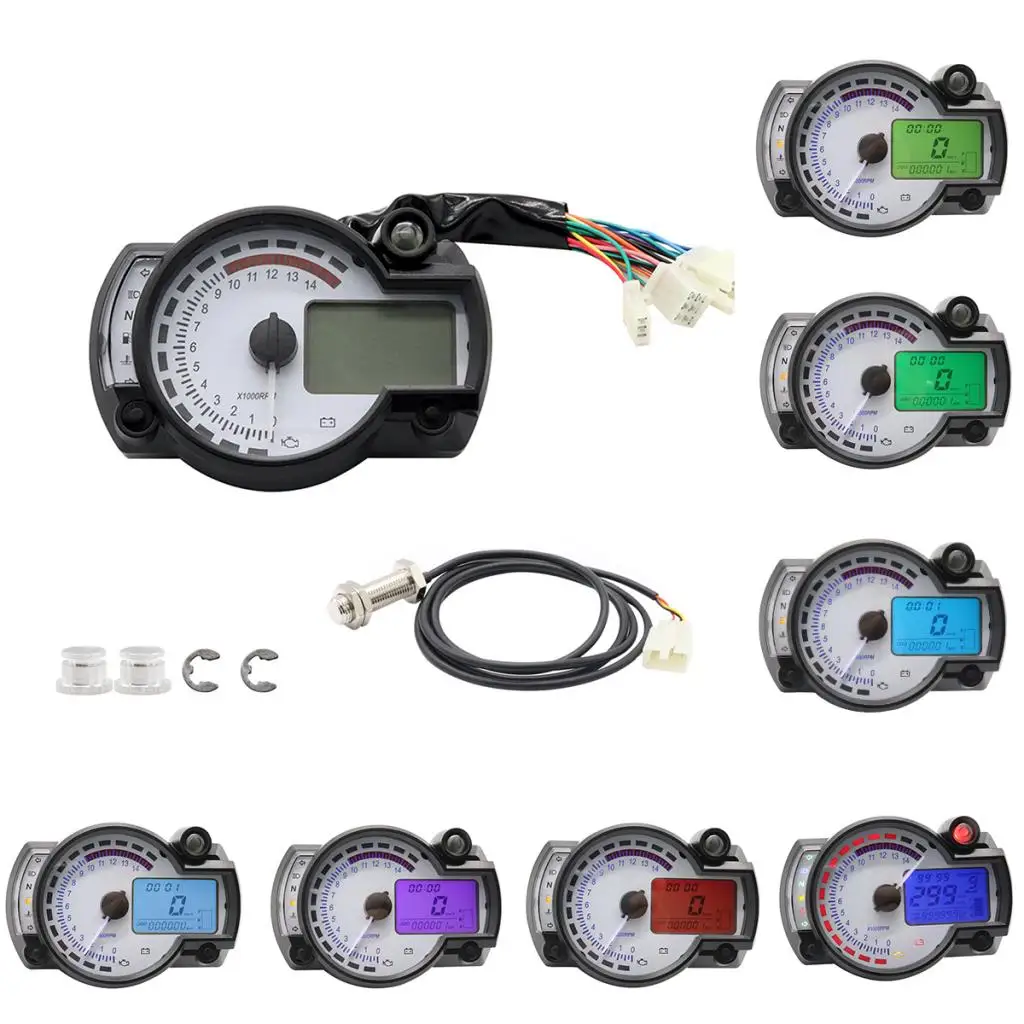 

Motorcycle LCD Digital Speedometer, Universal 7 Color Tachometer Odometer Gauge Instrument, 14000 RPM 299 Kmh Mph