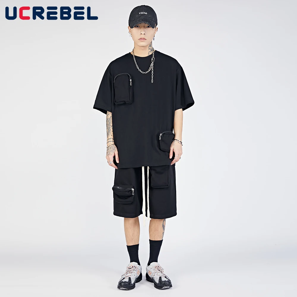 

Multi-Pocket Short Casual Suit Mens Summer Streetwear High Street Tracksuit Sports Loose Two-piece Suit Men Sportswear
