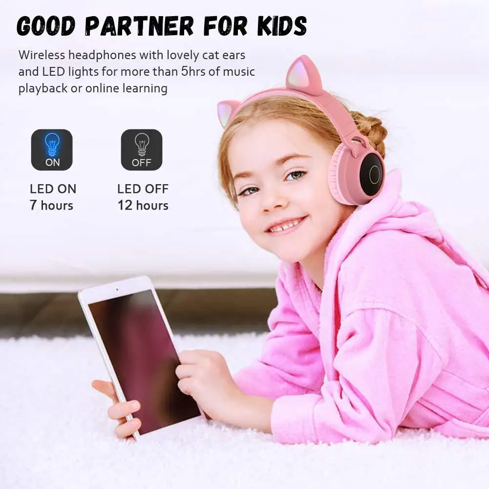 Bluetooth 5.0 Stereo Foldable Wireless Headset with LED Light, Cute Cat Ear Design, Mic, TF Card, FM Radio, and 3.5mm Plug image 3