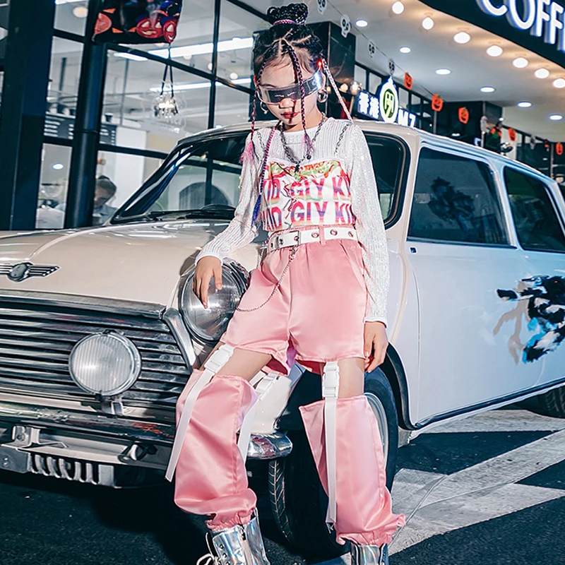 

Lovely Pink Hip Hop Dancing Clothes For Girls Shiny Sequins Jazz Dance Stage Costume Kids Dancer Outfits Festival Clothing