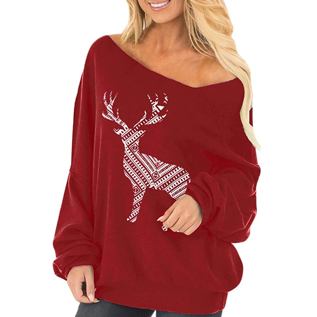 

Christmas Clothes 2021 Women Oblique Shoulder Sweatshirt Elk Print Round Neck Casual Tops Pullover Shirt Christmas Sweater Women