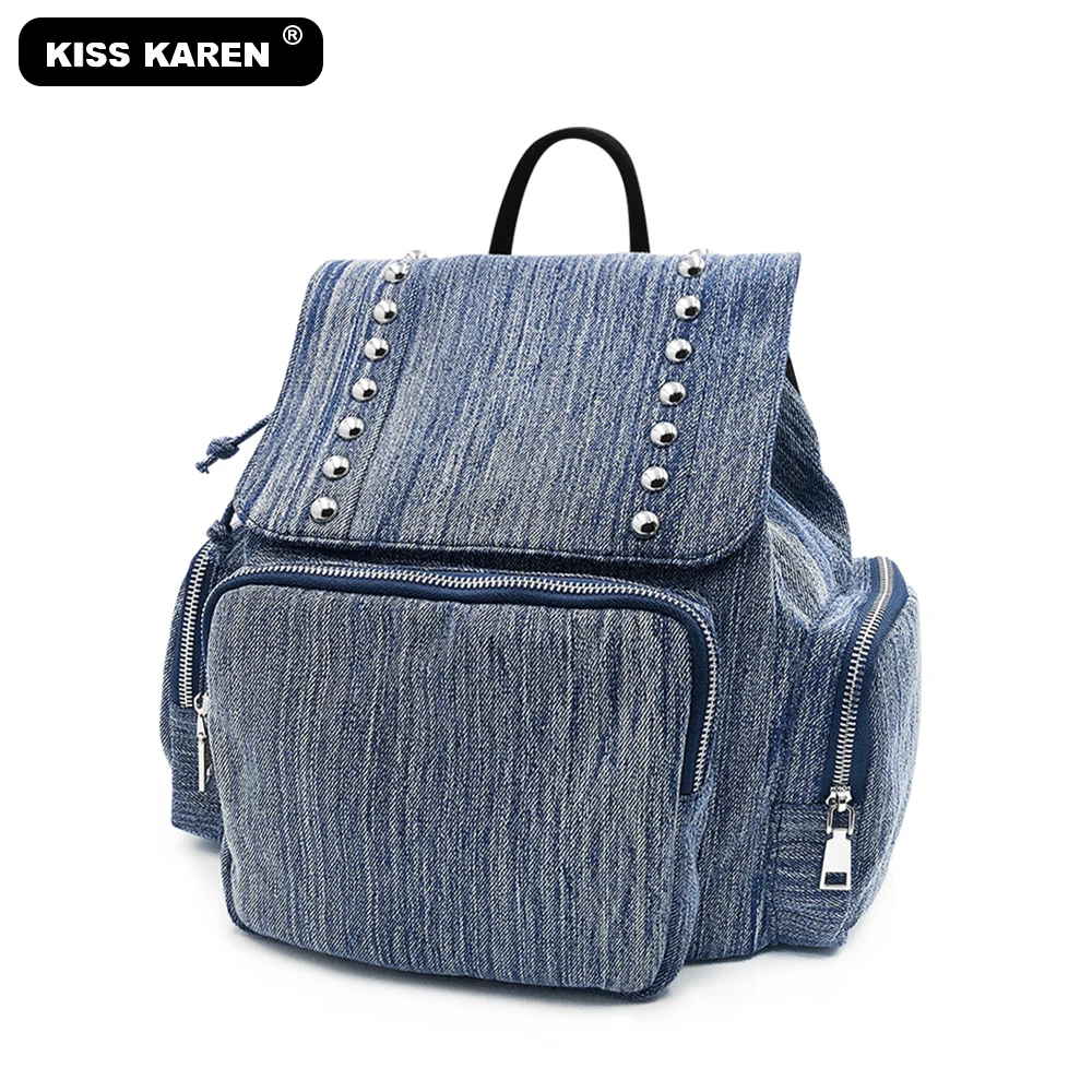 Casual Fashion Women's Backpacks with Rock Rivets Jeans Denim Travel Bags Studded Drawstring | Багаж и сумки