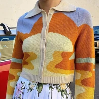 short snit sweater womens polo neck sweater autumn 2021 korean loose coat cardigan shirt print pattern fashion lady for women