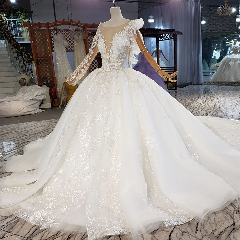 HTL1926 Elegant White Wedding Dress Palace Style Luxury Gorgeous Deep V-neck Lace One Shoulder Long Sleeve Gown Sexy Bridal Gown