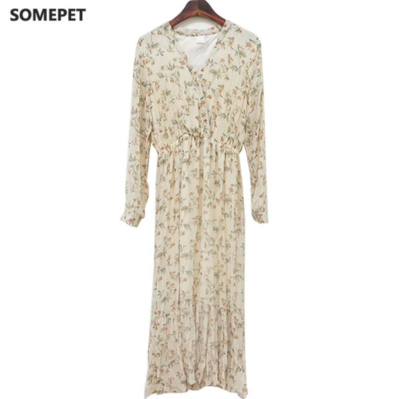 

Elegant Ruched Floral Print Women Autumn Dress Sexy V-neck Full Sleeve Female Long Dresses Spring Chiffon Vestidos