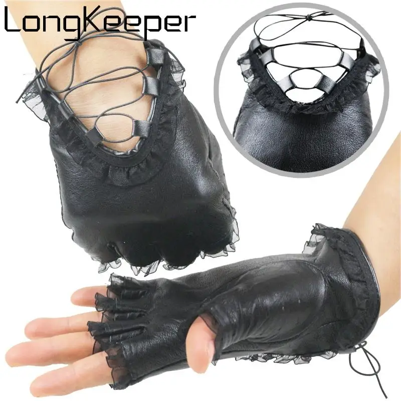 Women Black Half Finger Genuine Leather Gloves Sexy Lace Fingerless Glove Girls Fashion Mittens Ladies Dance Luvas