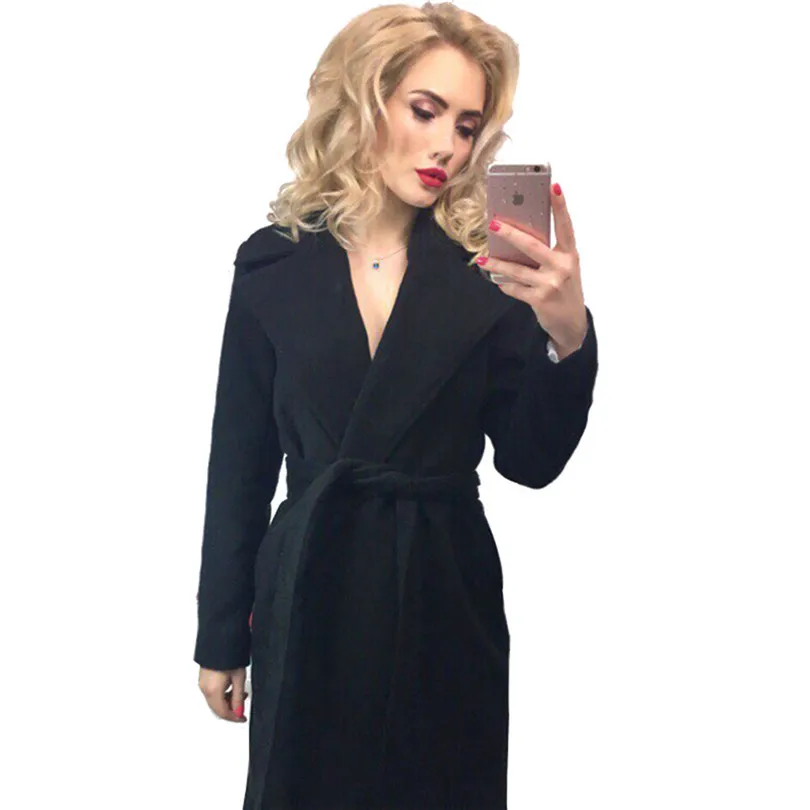 elegant Long Women's coat lapel 2 pockets belted Jackets solid color coats Female Outerwear - Цвет: Black