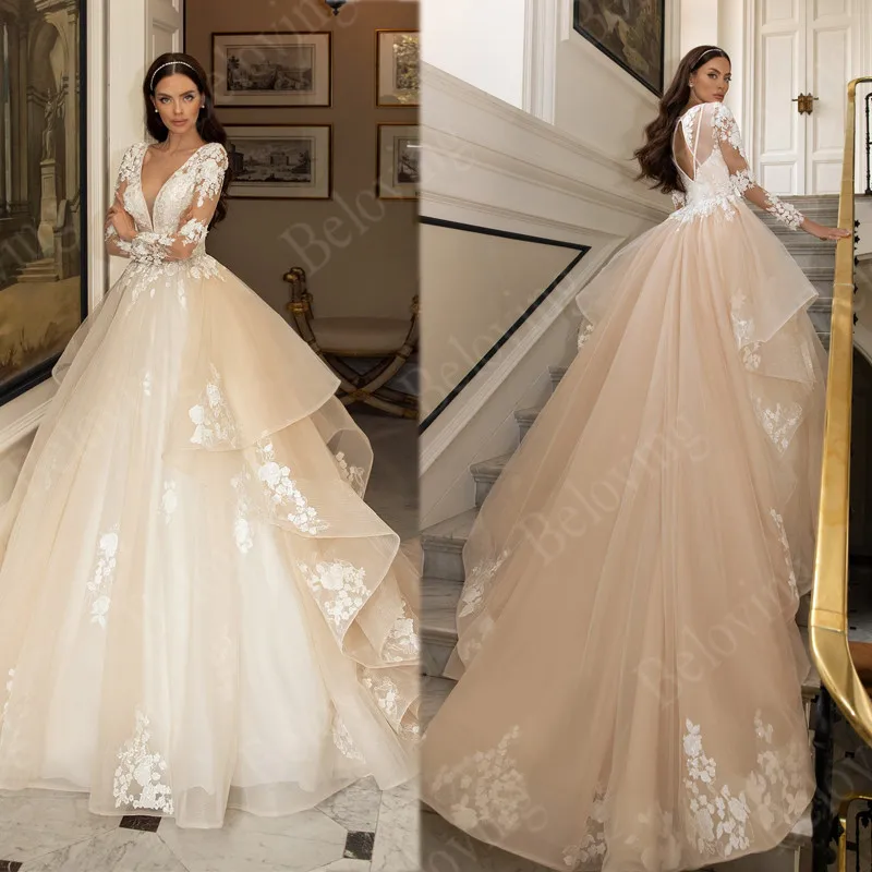 

Elegant Champagne Tulle Puffy Wedding Dresses Illusion Long Sleeves Bridal Dress Lace Appliques Bride Dress Vestido De Noiva