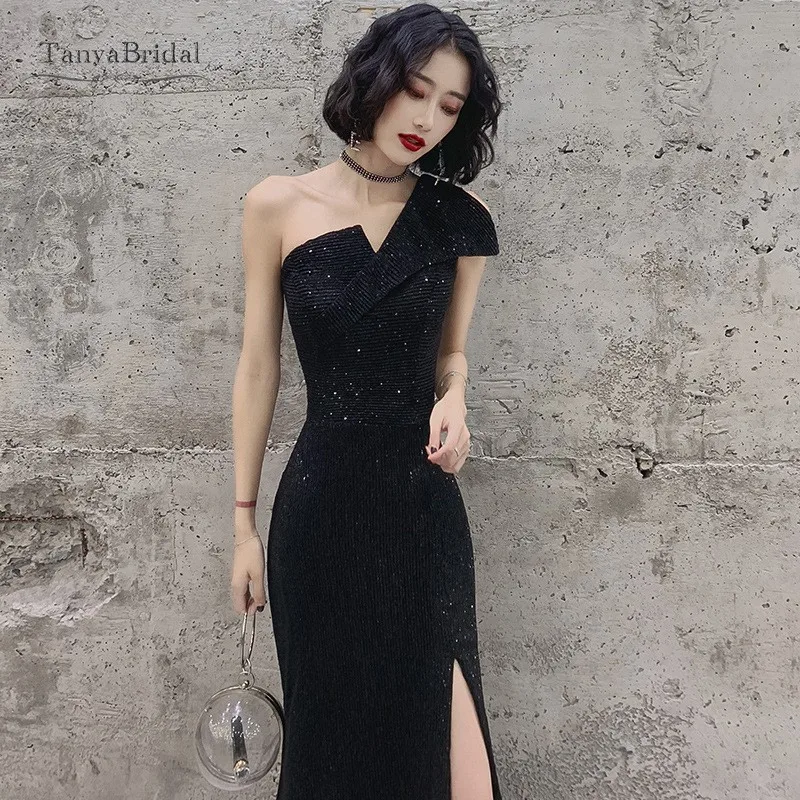 One Shoulder Sequin Evening Dress 2020 Long Prom Black Shiny Sexy vestidos de fiesta Side Slit Glitter Slight robe soi | Свадьбы и