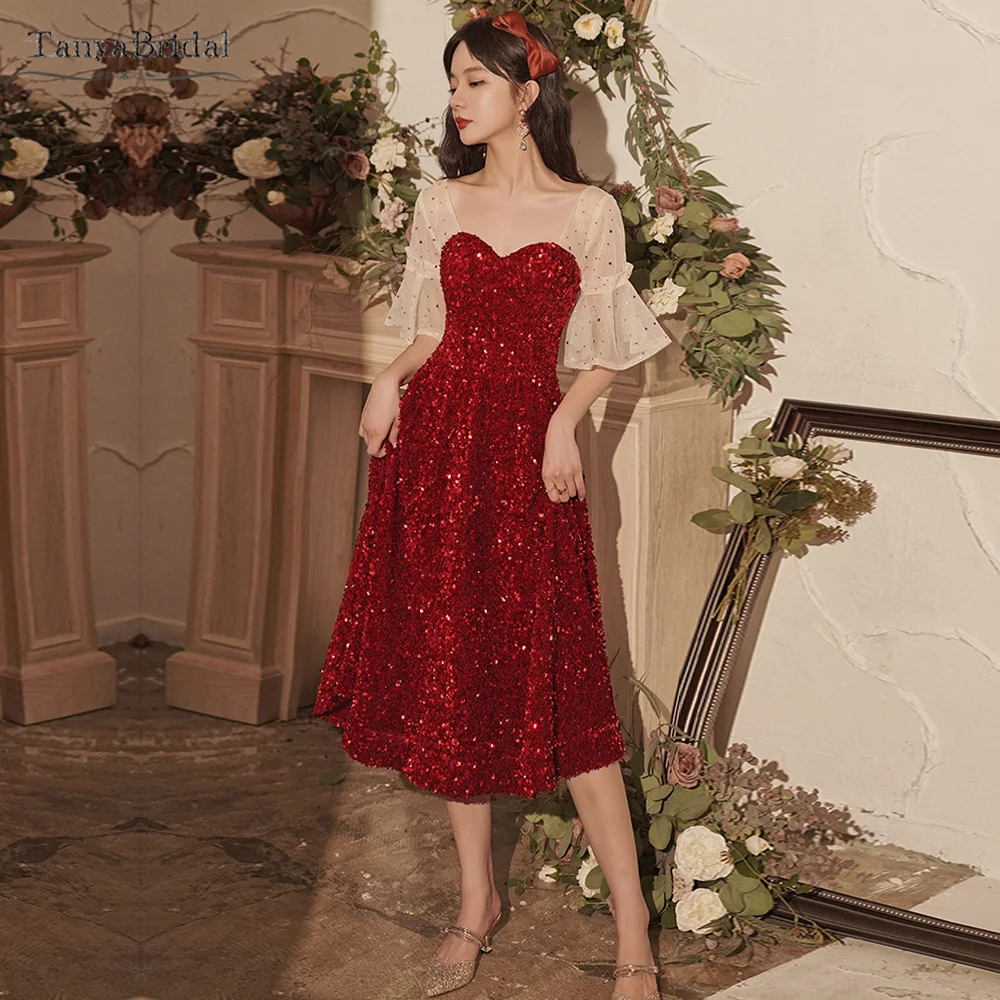 Red Sequins Tea Length Homecoming Dresses Puff Sleeve Sparkly Bling Bling Back To School Gowns Lovley Party Dress   ZHM068