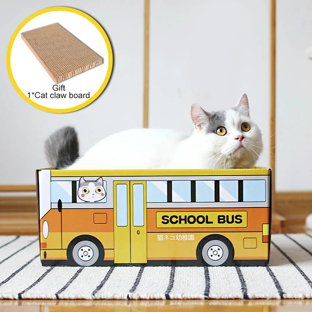 School Bus Картонная коробка для кошек, гофрированная бумага для кошачьей тарелка лапа, кошка любит оставлять эту коробку в качестве кошачьего гнезда или игрушечного домика - Цвет: School Bus