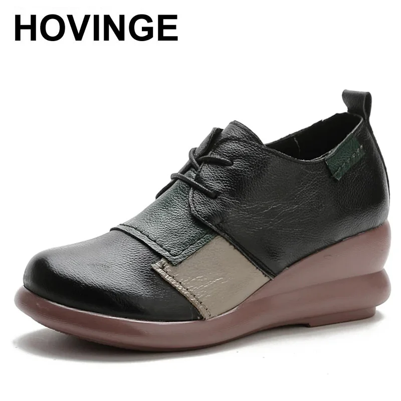 

Женские босоножки на танкетке HOVINGE, черные босоножки из натуральной кожи с круглым носком, в стиле ретро, лето 2021