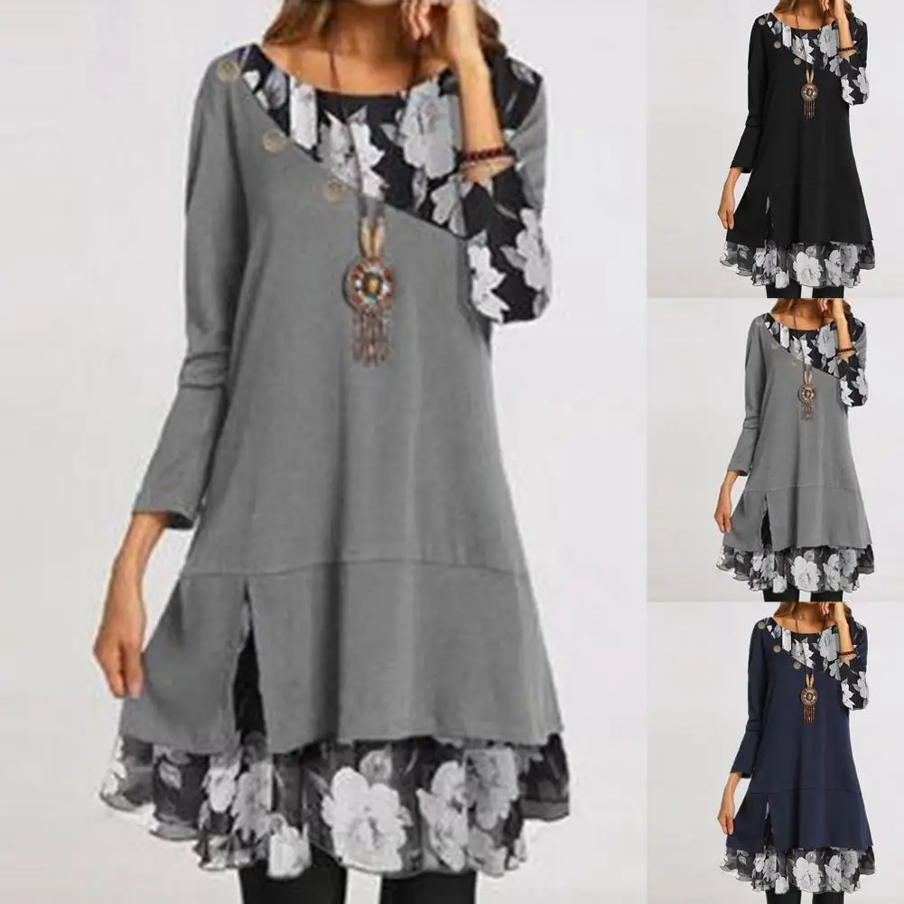 

Loose Dress Flower Print Patchwork Women Round Neck Long Sleeve Dress Print Dress Casual Long Sleeve Short Dress Female for Dati