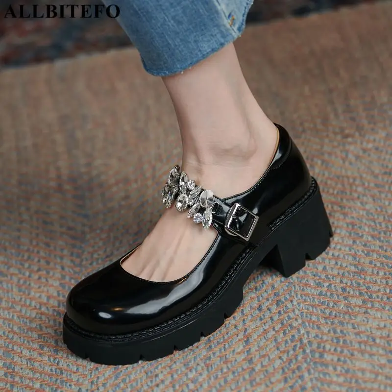 

ALLBITEFO rhinestone design Waterproof real genuine leather high heel shoes spring fashion high heels shoes women heels shoes