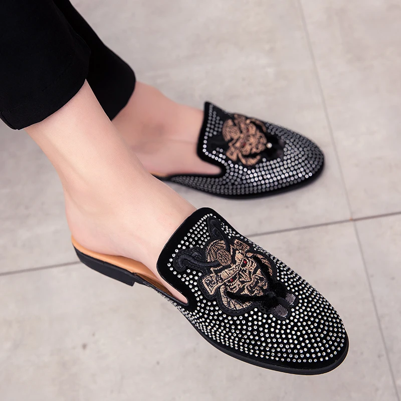 

Men Shoes Male Half Slippers High Quality Embroide Rhinestone Casual Leather Shoes Lazy Slip-on Fashio Loafers Flats Sandals