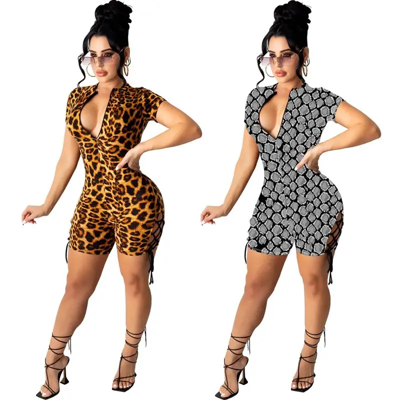 

ZOOEFFBB Trendy Leopard Bandage Bodycon Playsuit One Piece Jumpsuit Sexy Club Outfit Women Summer Clothes Overalls Lounge Wear